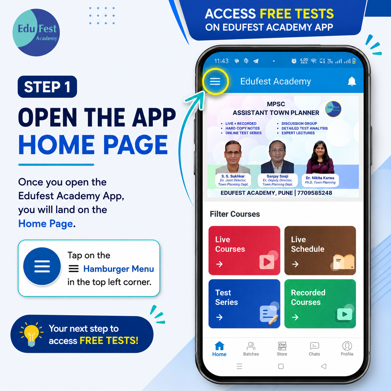 Step 1: open the EduFest Academy app home page and tap the hamburger menu