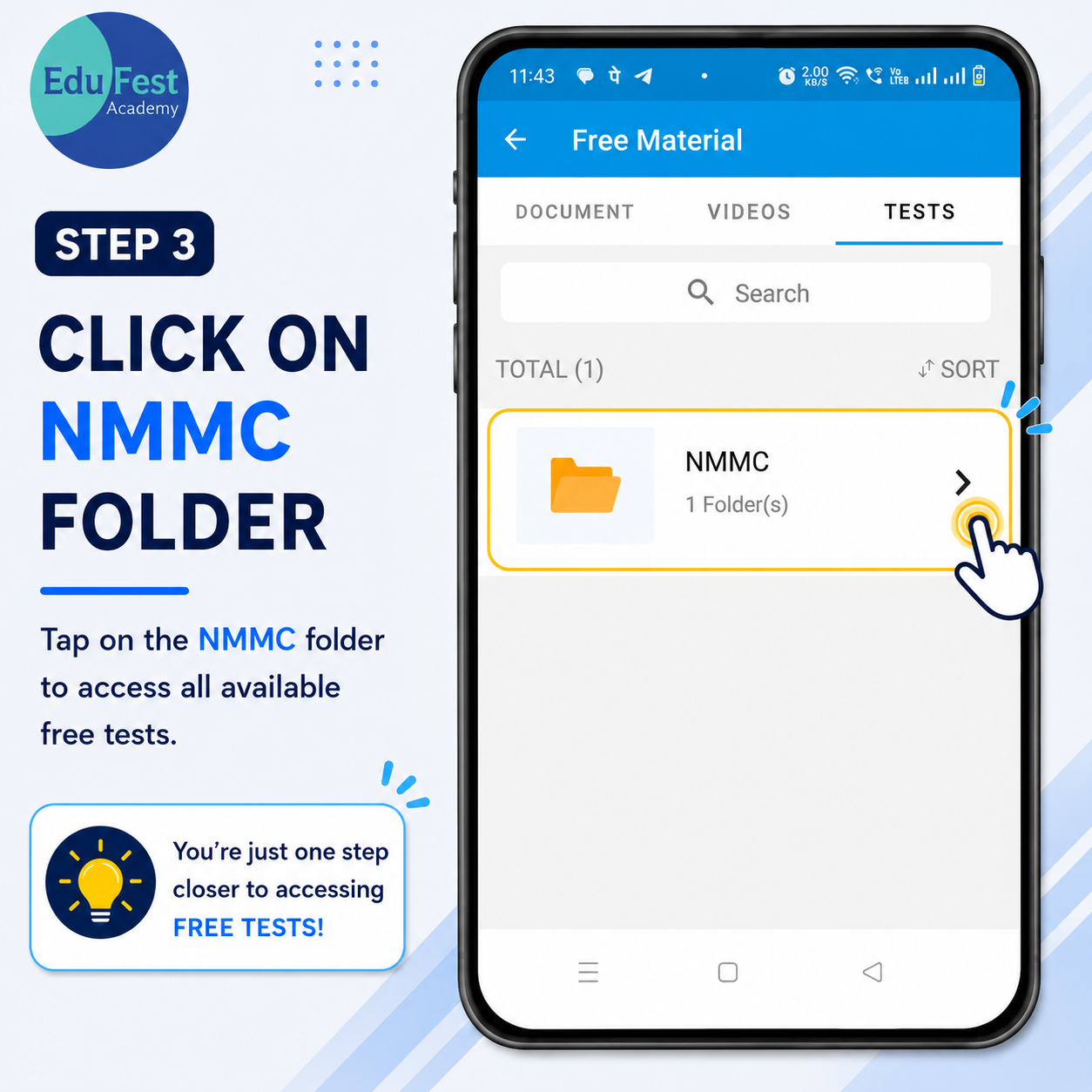 Step 3: open the Tests tab and tap the NMMC folder