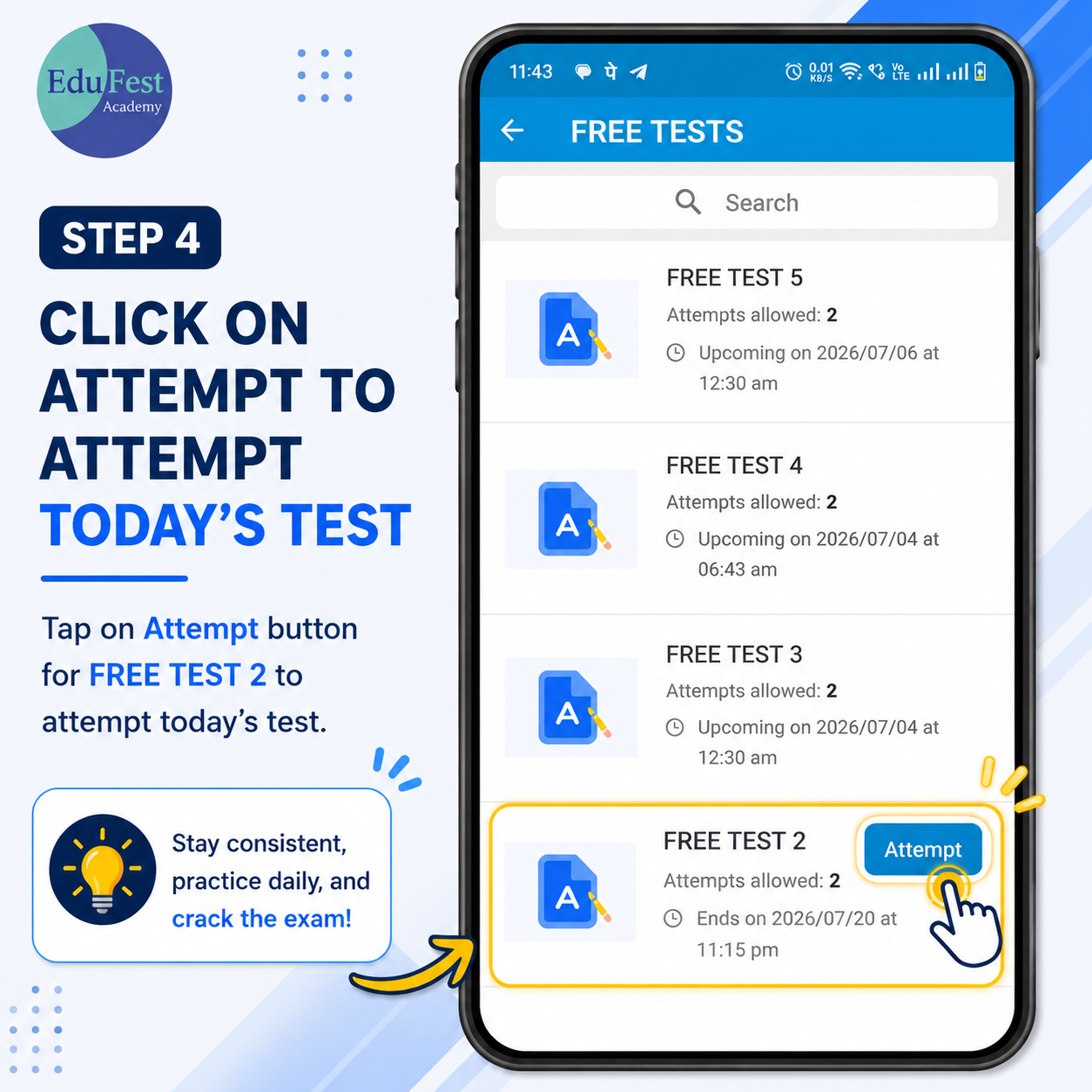 Step 4: tap Attempt on today's free test