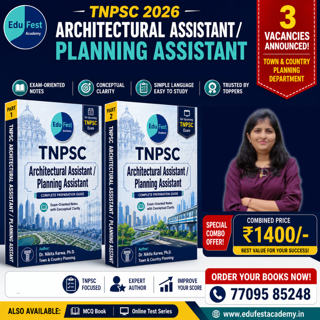 Promotional poster for TNPSC Architectural Assistant / Planning Assistant preparation books by EduFest Academy. 