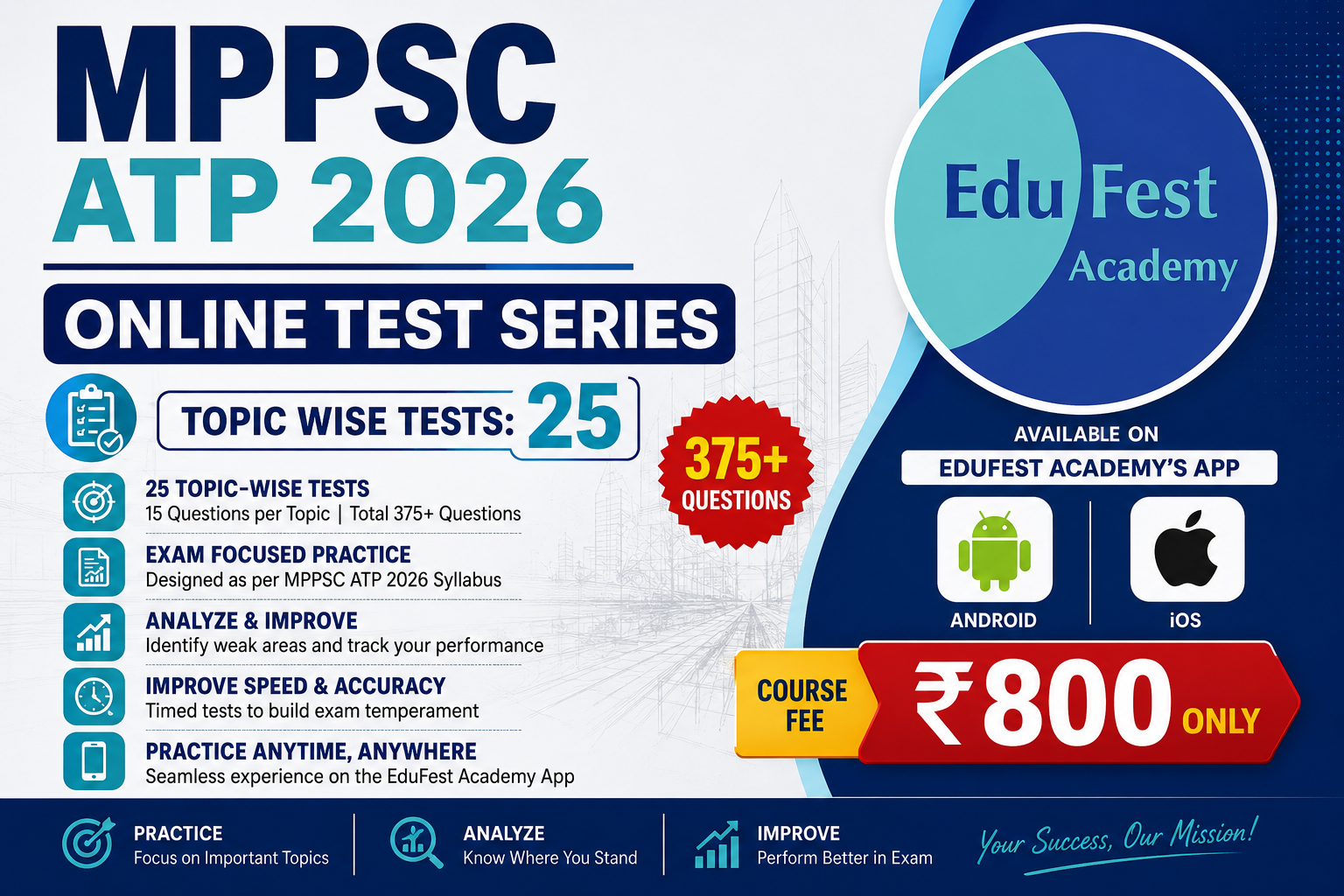 MPPSC ATP 2026 Online Test Series by EduFest Academy featuring 25 topic-wise tests, 375+ questions, ₹800 fee, and Android & iOS app access.