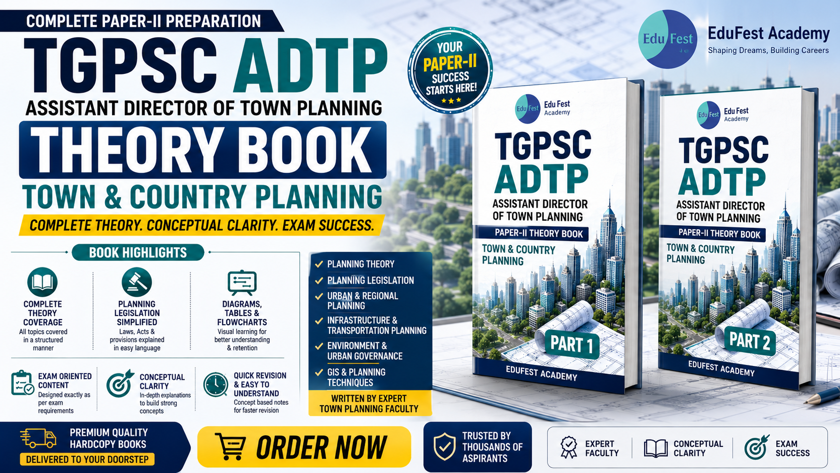 EduFest Academy TGPSC ADTP Paper-II Theory Books Volume 1 and Volume 2 hardcopy notes featuring Town & Country Planning concepts, planning legislation