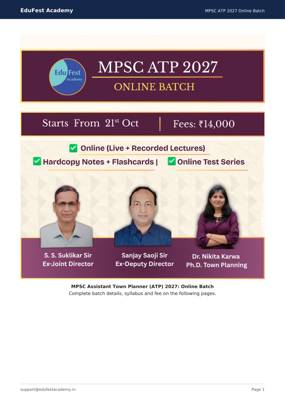 Page 1 of the EduFest Academy MPSC ATP 2027 Online Batch brochure, starting 21 October 2026