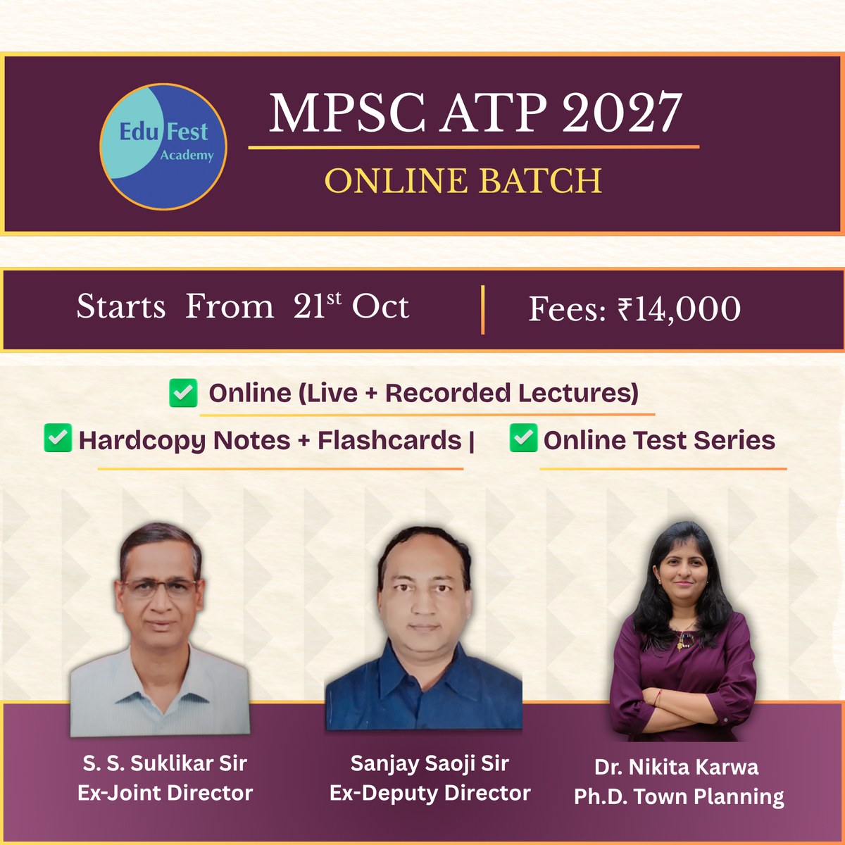 MPSC ATP 2027 Online Batch by EduFest Academy: starts 21 October, live and recorded lectures, hardcopy notes, flashcards and online test series